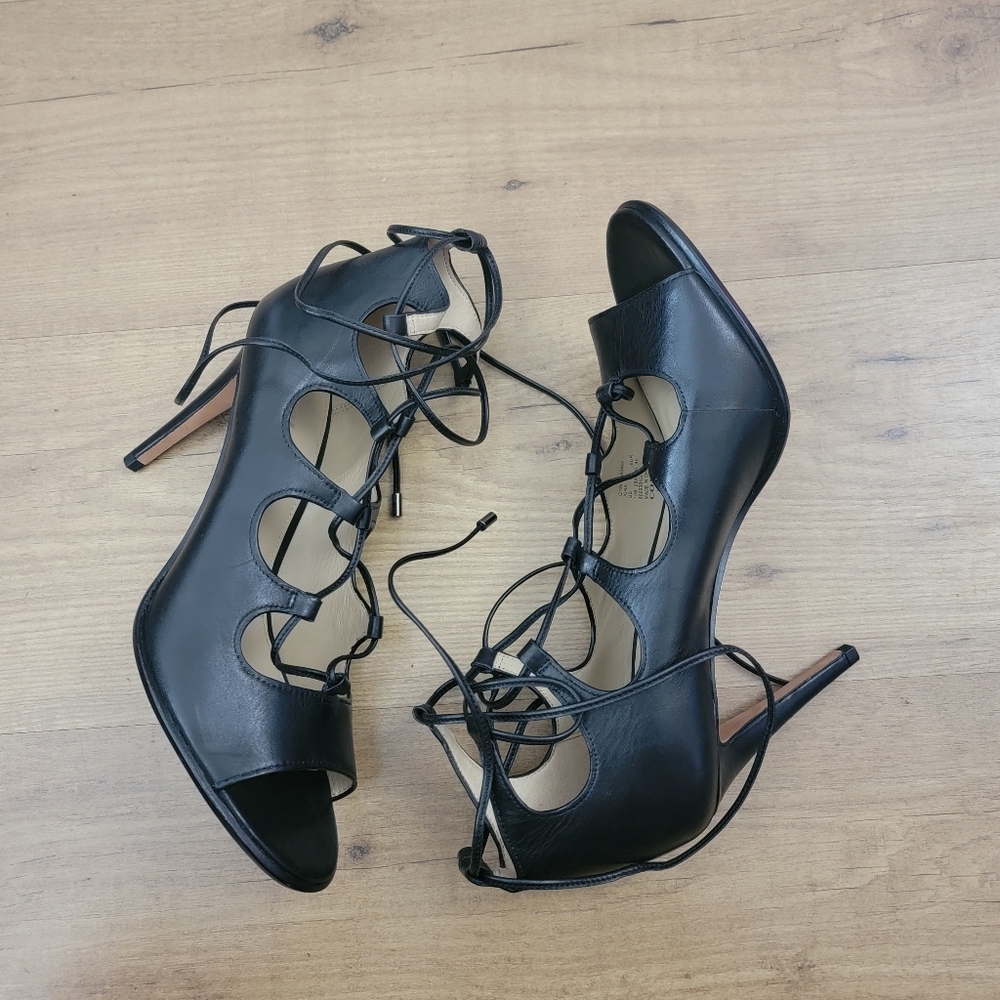 COACH Kira Lace-Up Black Leather Heels - Picture 6 of 14